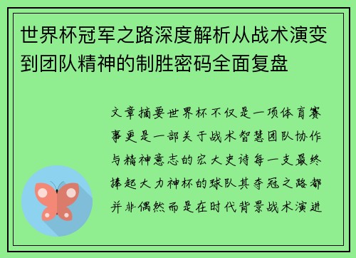 世界杯冠军之路深度解析从战术演变到团队精神的制胜密码全面复盘